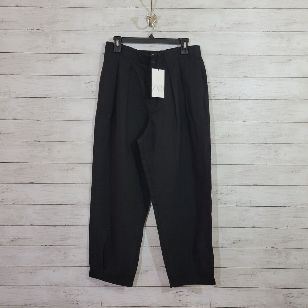 ZARA Womens Medium Linen Black High-Waisted Pleated Wide Leg Trousers‎ Pants NWT